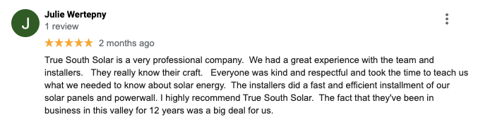 A 5-star review of True South Solar