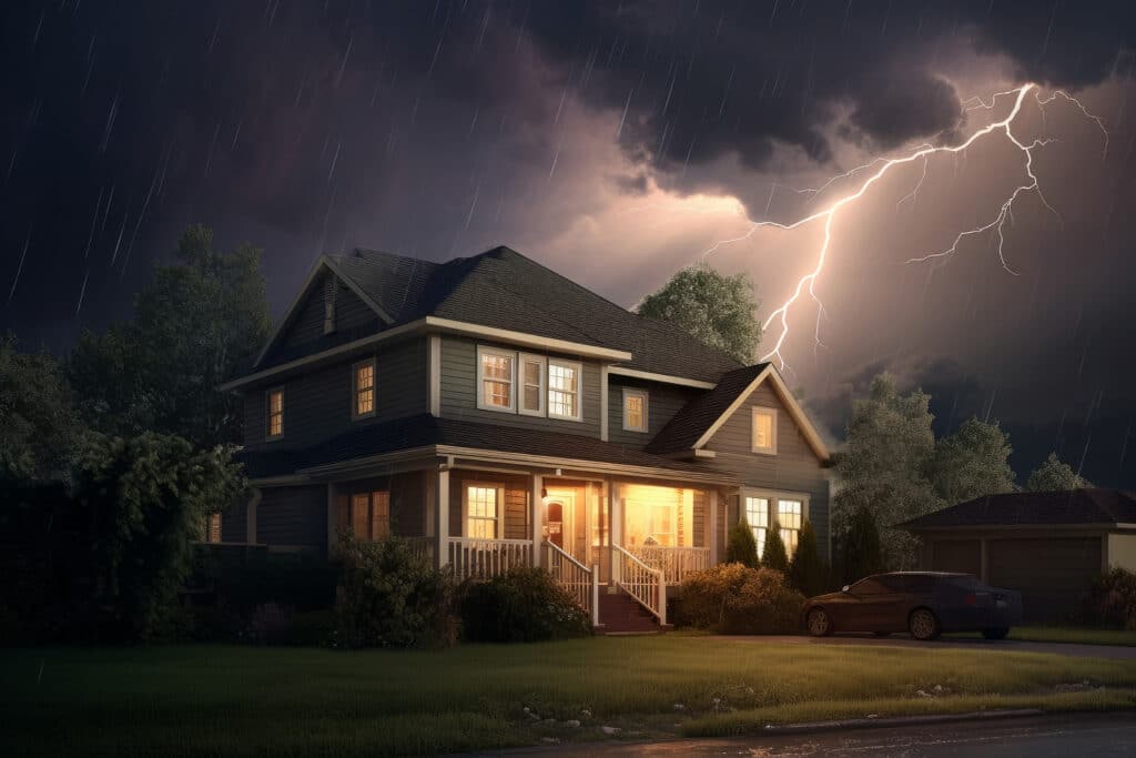 A home at night during a storm