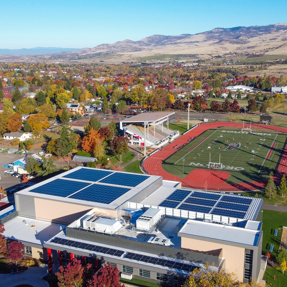 An arial view of the Southern Oregon University Lithia Pavilion solar array